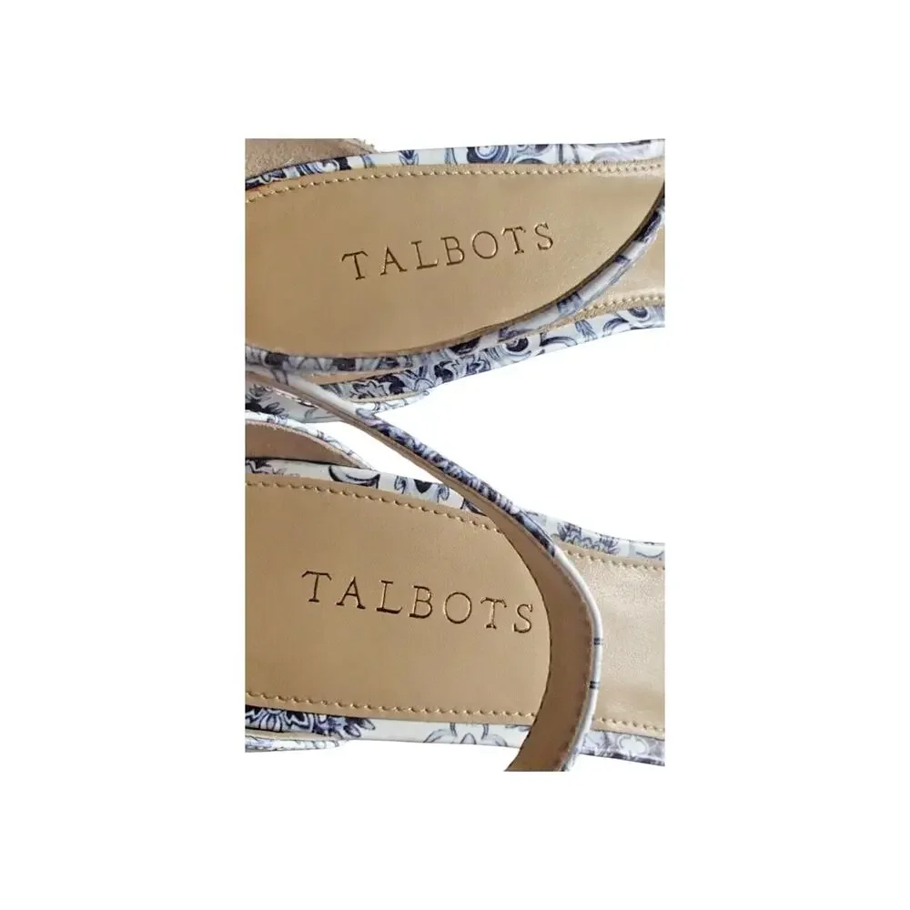 New $175 Women's 9M TALBOTS Trulli Blue White LEATHER Strappy Heel Sandal Floral